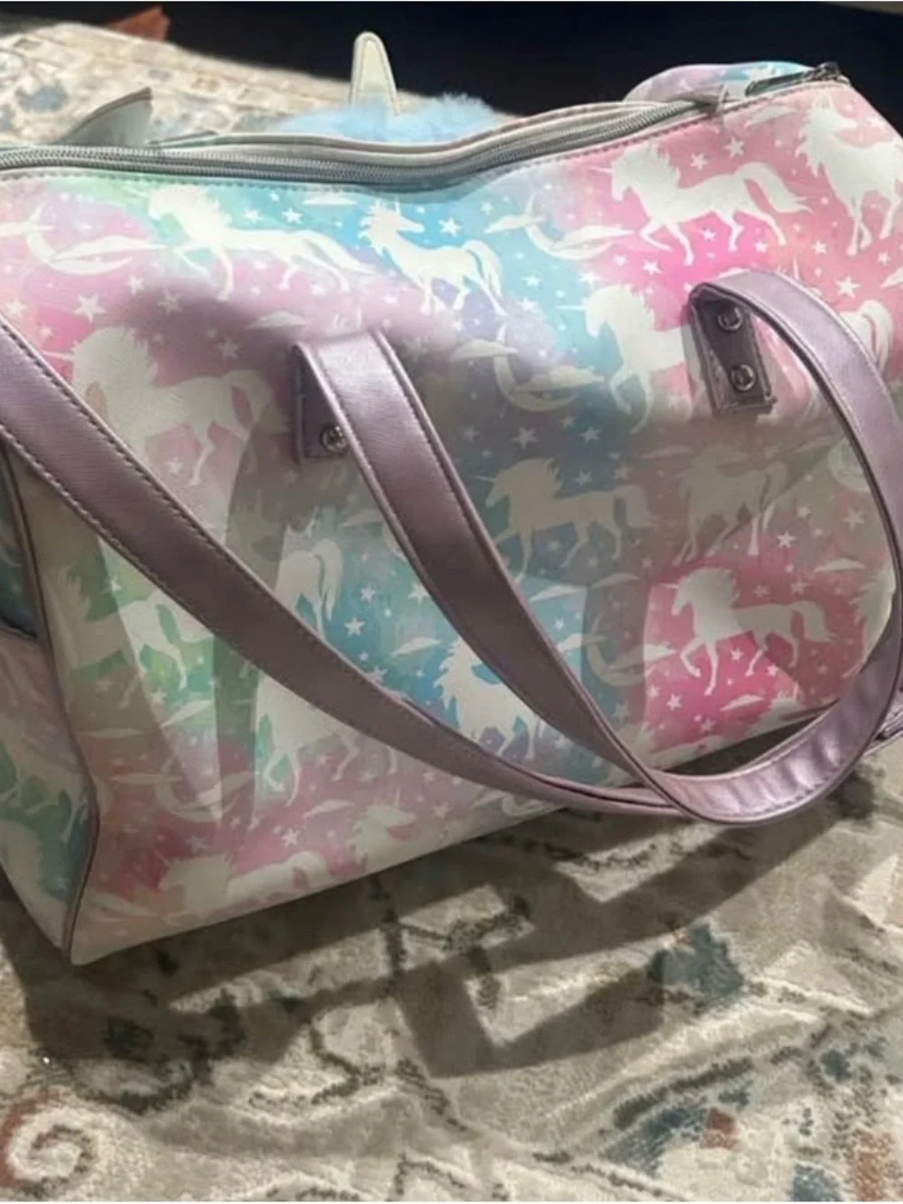 Unicorn Print Kids Tote Bag with Blue Pom-Pom